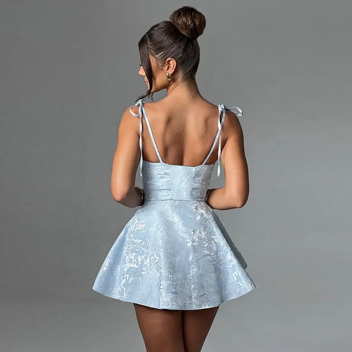 Serenity Blue Self-Tie Jacquard Mini Dress