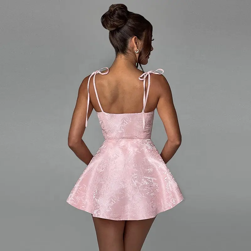 Serenity Pink Self-Tie Jacquard Mini Dress