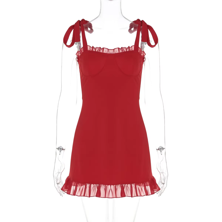 Mabel Red Self-Tie Mesh Ruffles Mini Dress