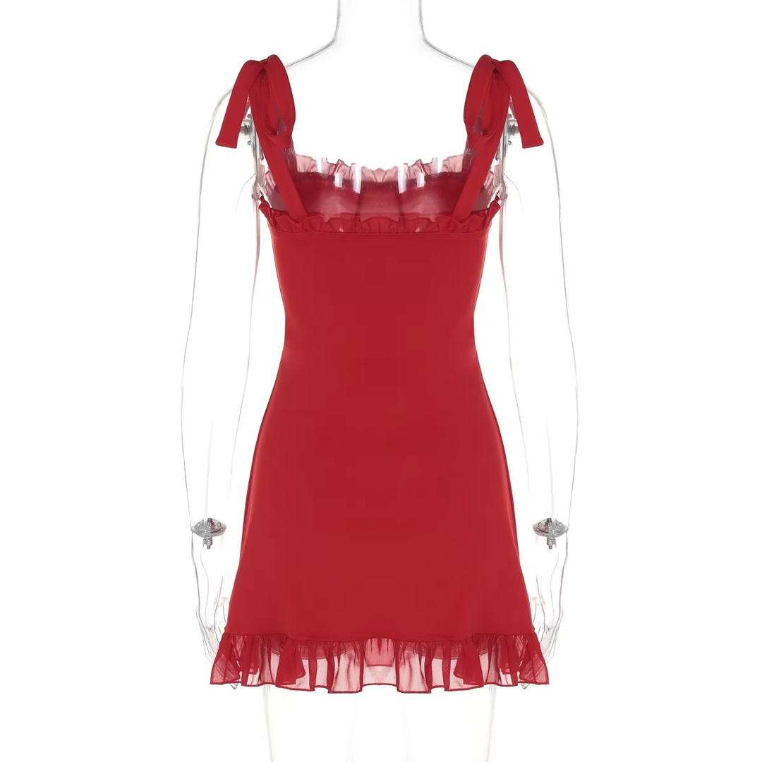 Mabel Red Self-Tie Mesh Ruffles Mini Dress