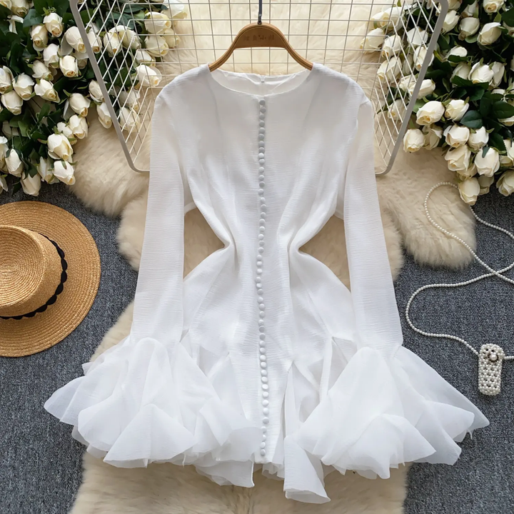 Antonella White Ruffled Lace Long Sleeves Mini Dress