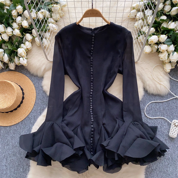 Antonella Black Ruffled Lace Long Sleeves Mini Dress