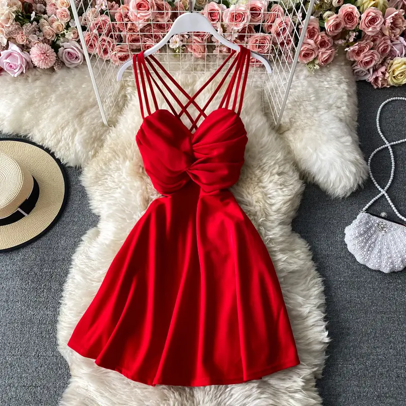 Teagan Red V-Neck Sleeveless Waist Cinched Mini Dress