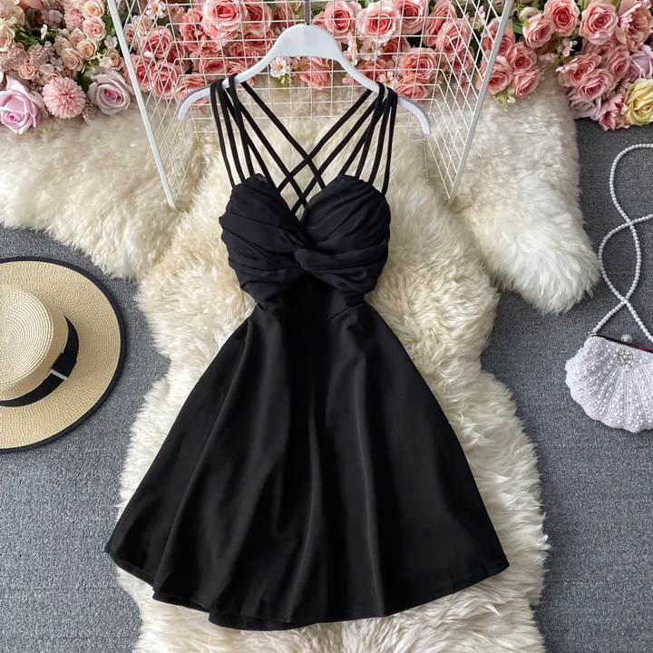 Teagan Black V-Neck Sleeveless Waist Cinched Mini Dress