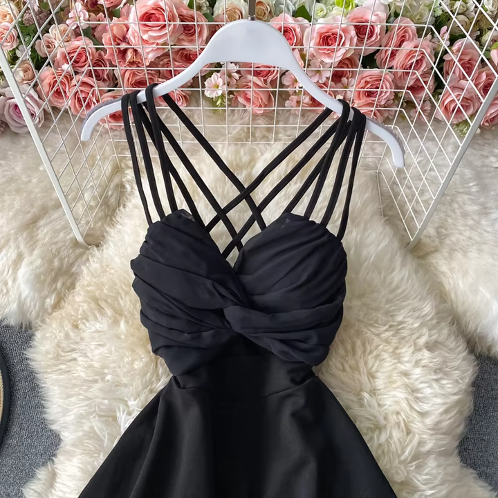 Teagan Black V-Neck Sleeveless Waist Cinched Mini Dress