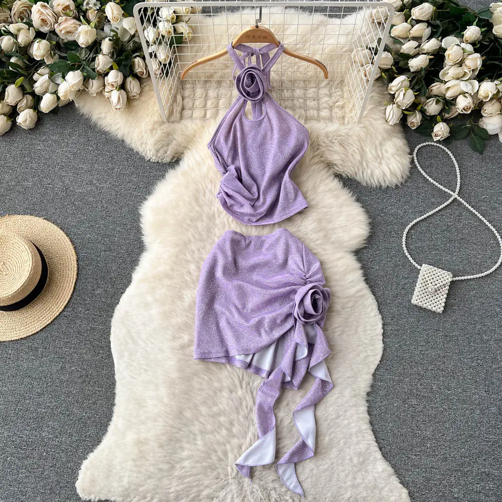 Alivia Lilac Halter Neck Top with Ruched Mini Skirt Set
