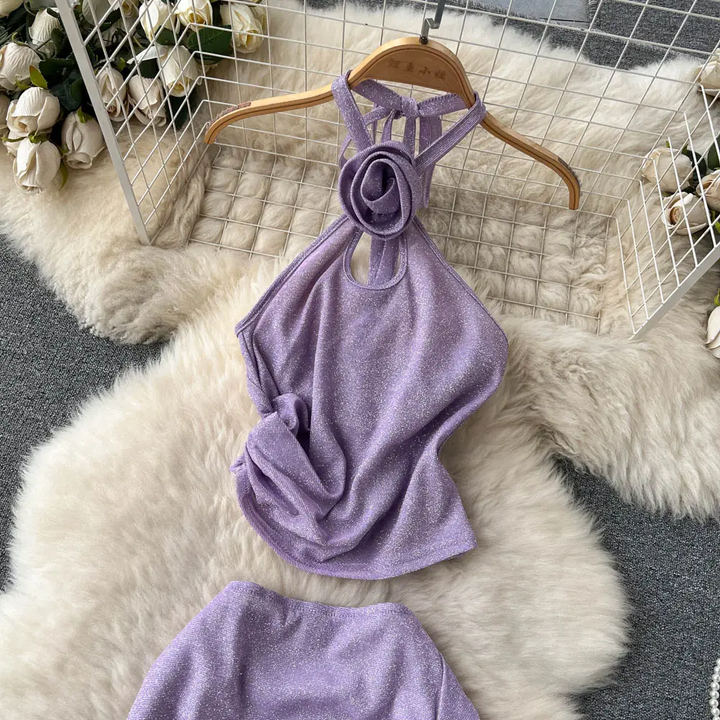 Alivia Lilac Halter Neck Top with Ruched Mini Skirt Set