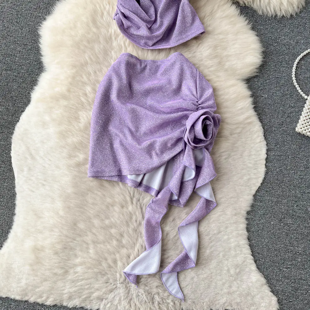 Alivia Lilac Halter Neck Top with Ruched Mini Skirt Set