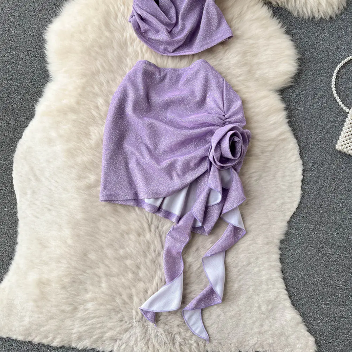 Alivia Lilac Halter Neck Top with Ruched Mini Skirt Set