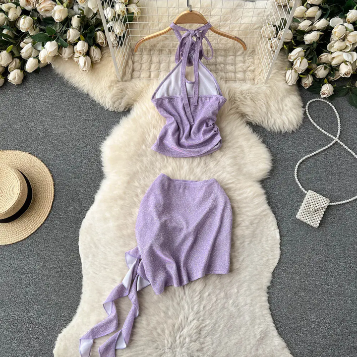 Alivia Lilac Halter Neck Top with Ruched Mini Skirt Set