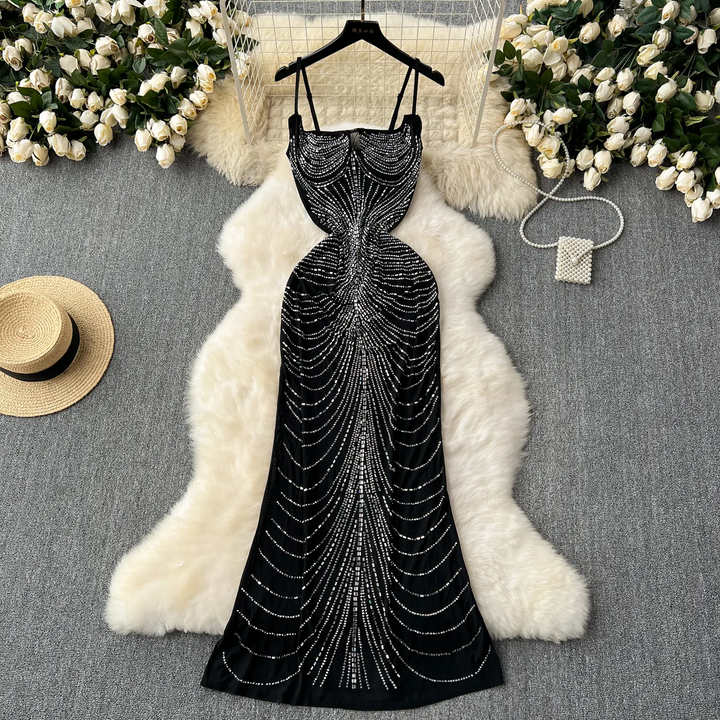 Aisha Black Sleeveless Mesh Beaded Maxi Dress