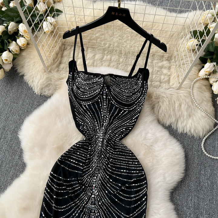 Aisha Black Sleeveless Mesh Beaded Maxi Dress