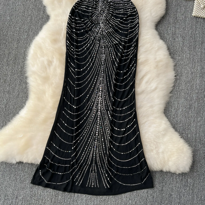 Aisha Black Sleeveless Mesh Beaded Maxi Dress