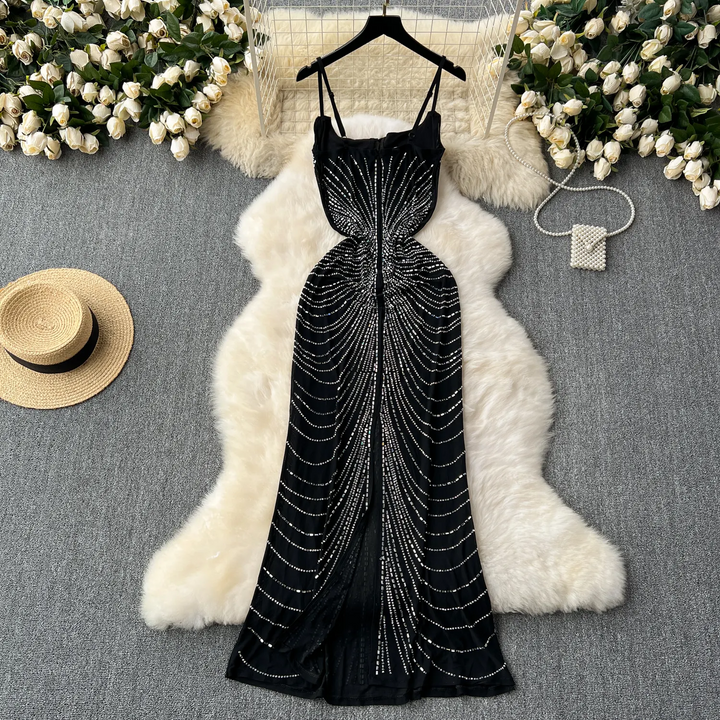 Aisha Black Sleeveless Mesh Beaded Maxi Dress