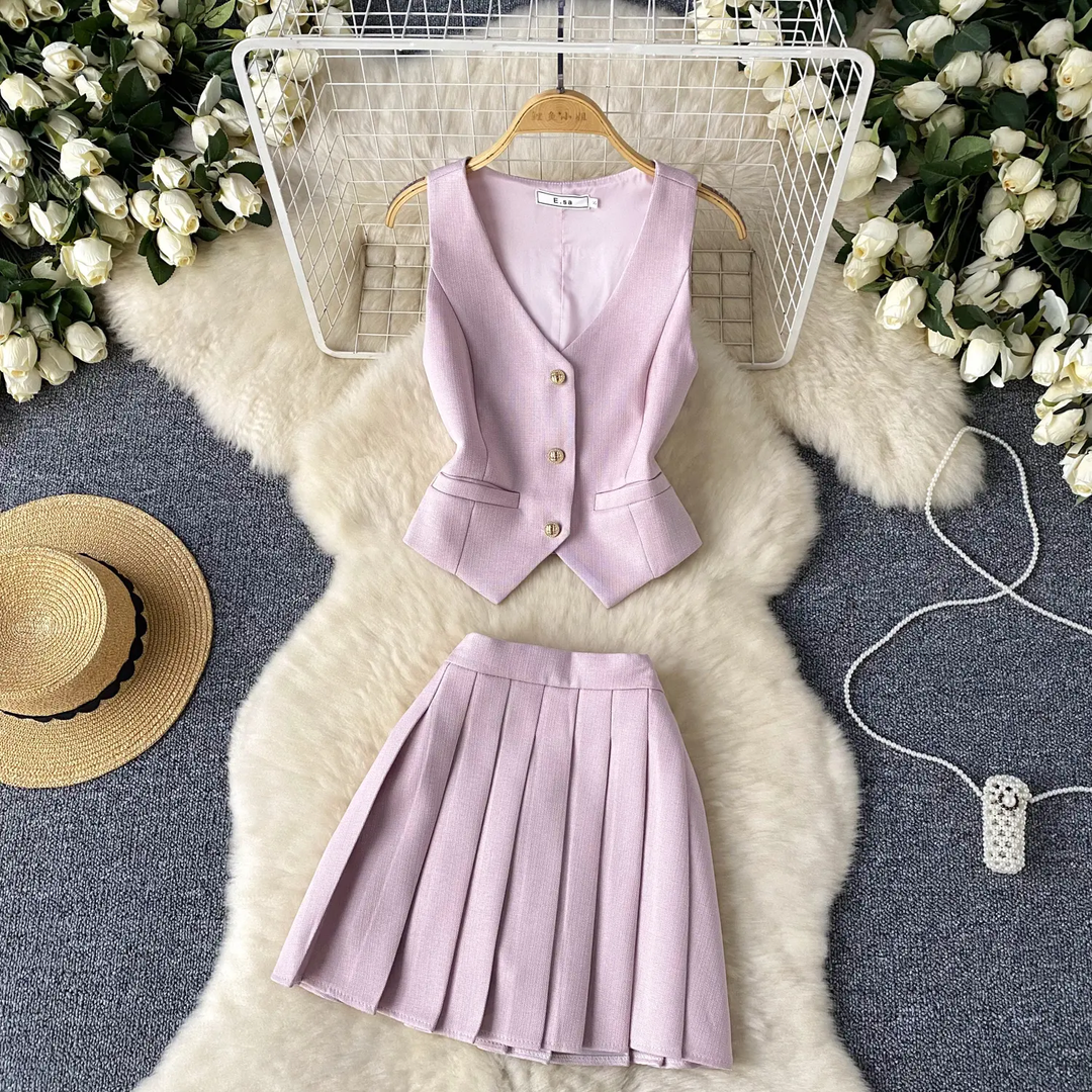 Wynter Lilac V-Neck Vest Top with Pleated Mini Skirt Set