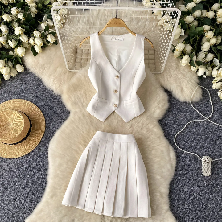 Wynter White V-Neck Vest Top with Pleated Mini Skirt Set