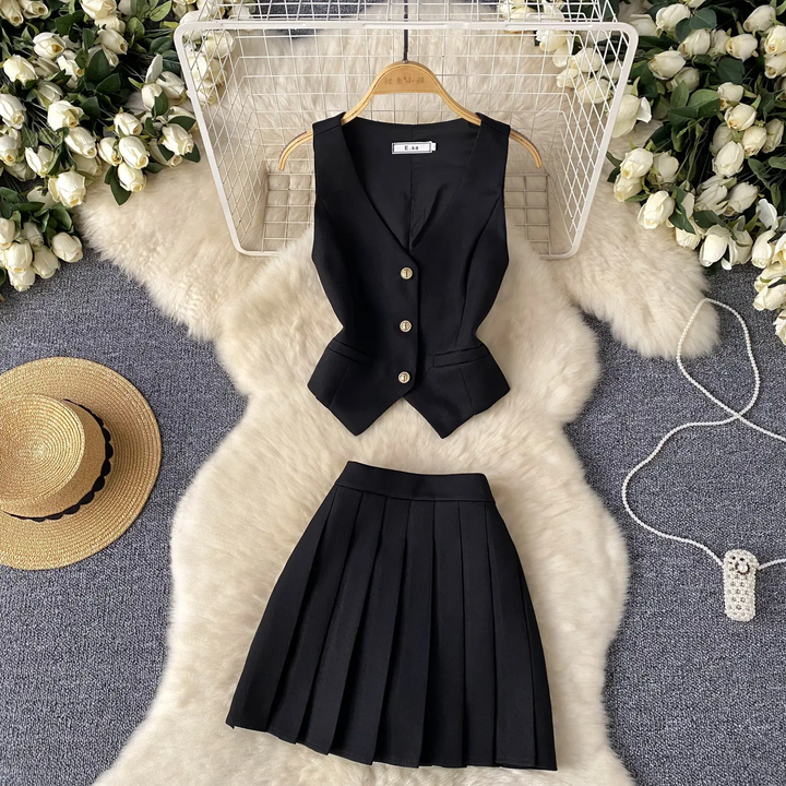 Wynter Black V-Neck Vest Top with Pleated Mini Skirt Set