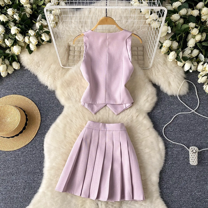 Wynter Lilac V-Neck Vest Top with Pleated Mini Skirt Set