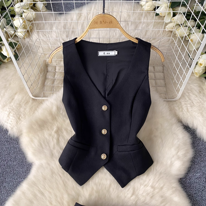 Wynter Black V-Neck Vest Top with Pleated Mini Skirt Set