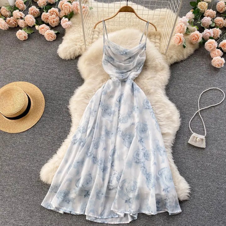 Annalise Blue Sleeveless Floral Print Smocked Back Midi Dress