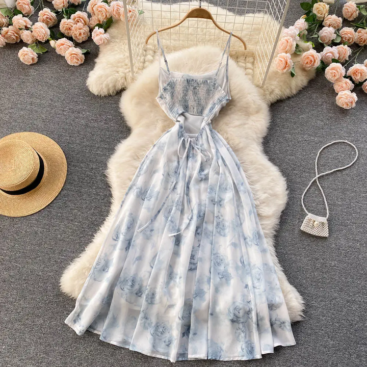 Annalise Blue Sleeveless Floral Print Smocked Back Midi Dress