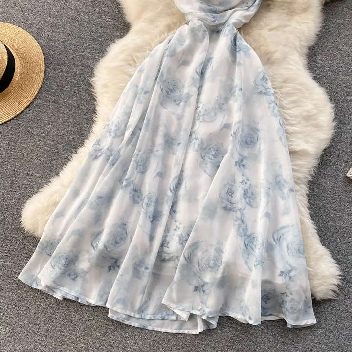 Annalise Blue Sleeveless Floral Print Smocked Back Midi Dress