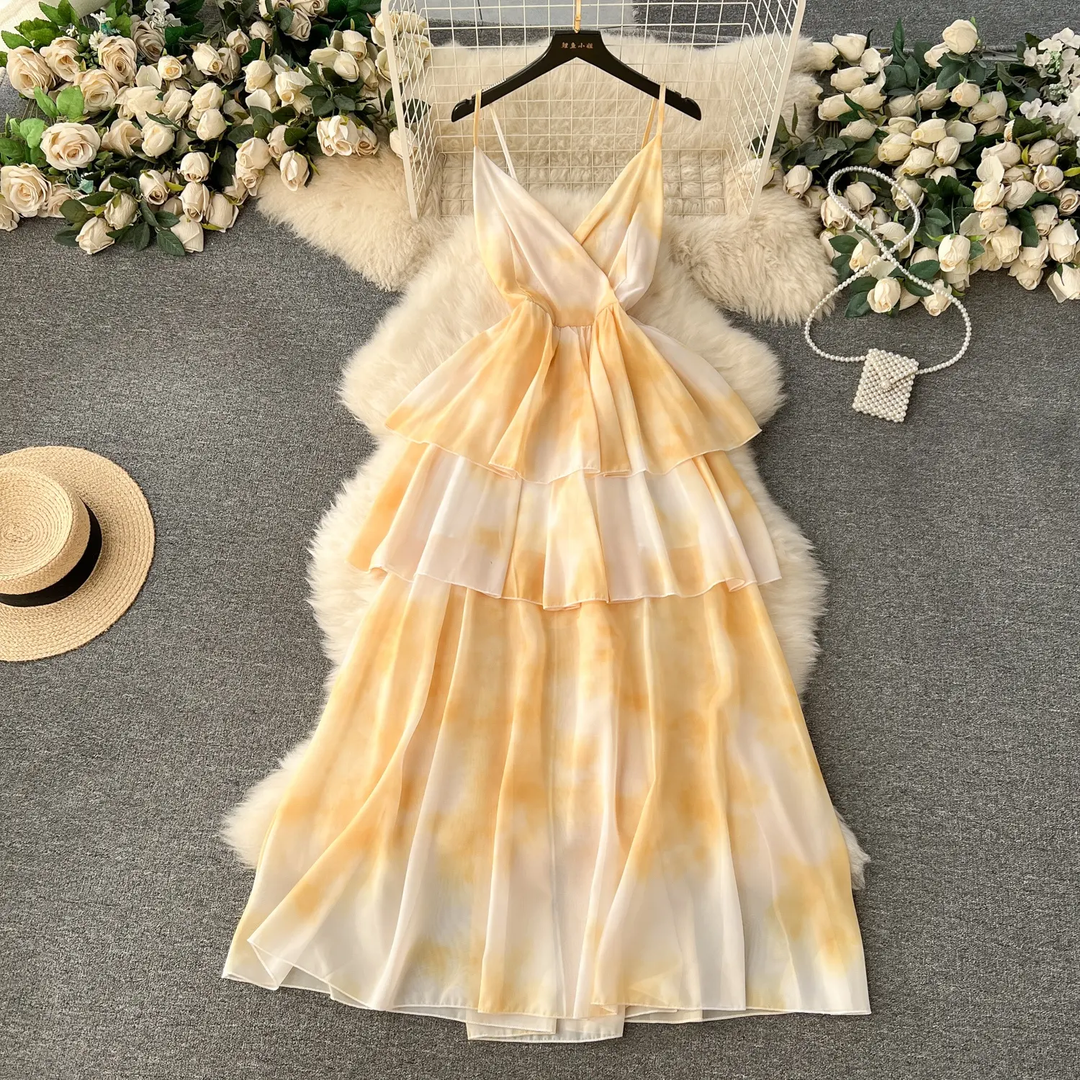 Makayla Yellow Dyed V-Neck Sleeveless Layered Maxi Dress