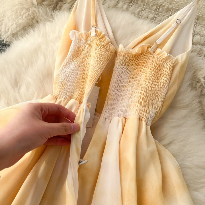 Makayla Yellow Dyed V-Neck Sleeveless Layered Maxi Dress
