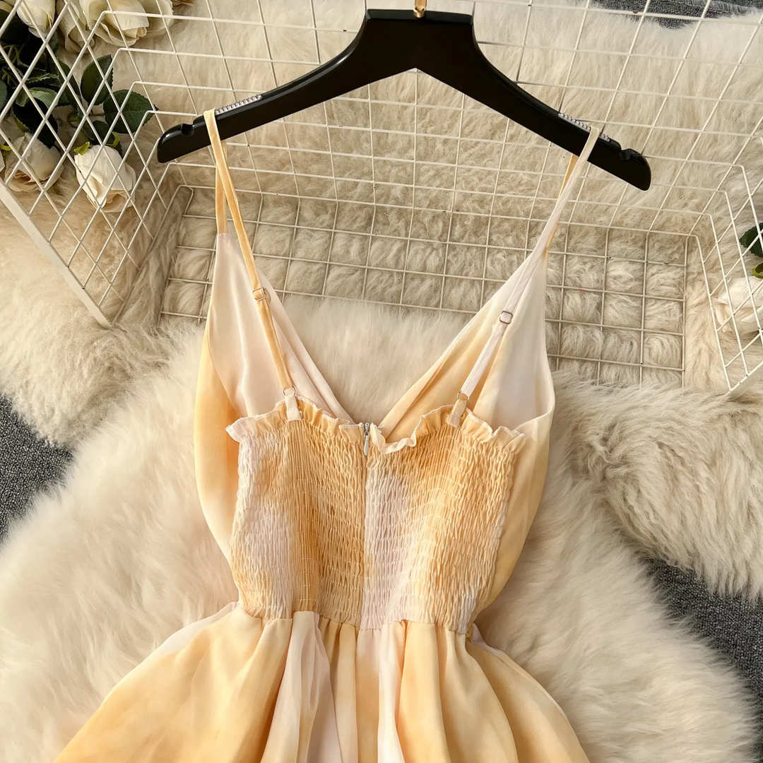 Makayla Yellow Dyed V-Neck Sleeveless Layered Maxi Dress