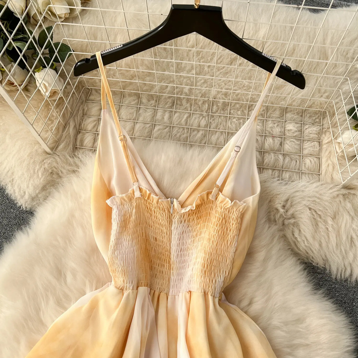 Makayla Yellow Dyed V-Neck Sleeveless Layered Maxi Dress