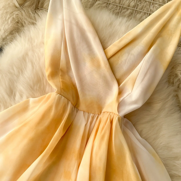 Makayla Yellow Dyed V-Neck Sleeveless Layered Maxi Dress