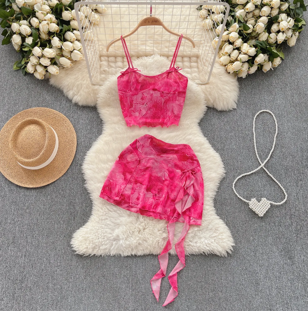 Maia Pink Tie Dye Sleeveless Top with Mini Skirt Set
