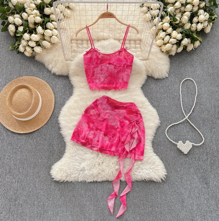 Maia Pink Tie Dye Sleeveless Top with Mini Skirt Set