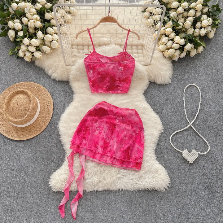 Maia Pink Tie Dye Sleeveless Top with Mini Skirt Set