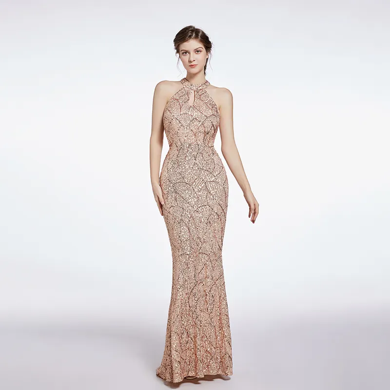 Jimena Champagne Halter Neck Sequined Evening Maxi Dress