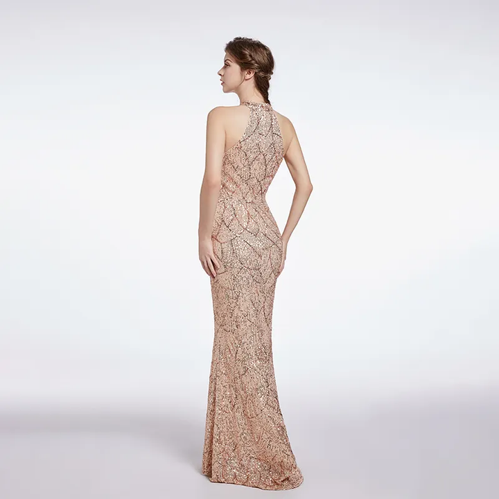 Jimena Champagne Halter Neck Sequined Evening Maxi Dress