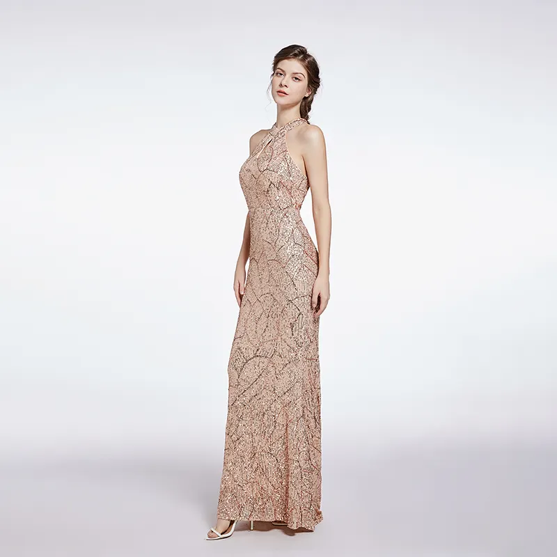 Jimena Champagne Halter Neck Sequined Evening Maxi Dress