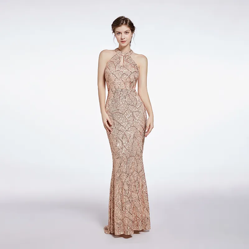 Jimena Champagne Halter Neck Sequined Evening Maxi Dress