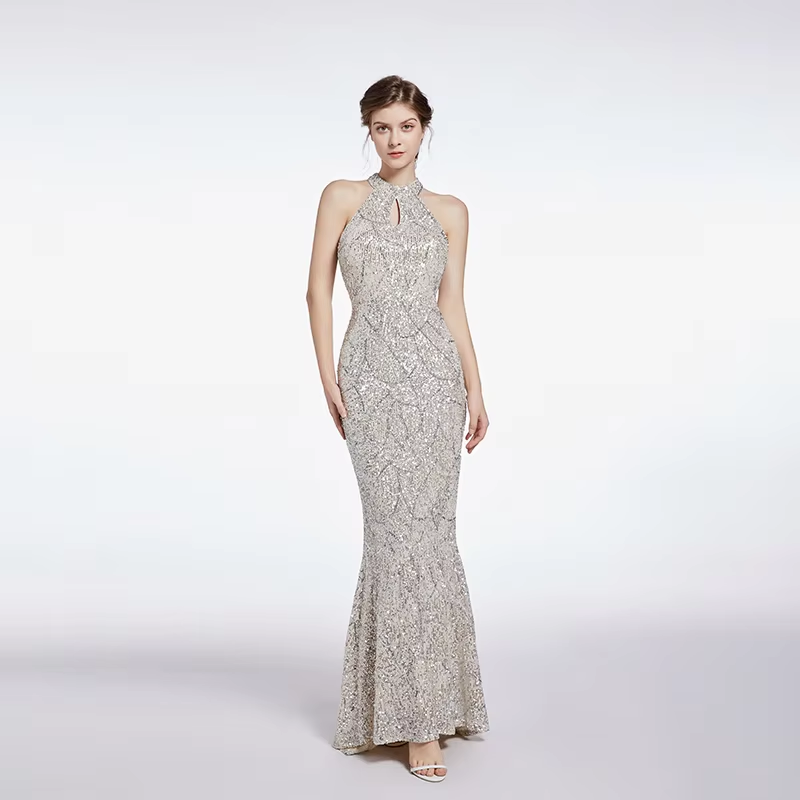 Jimena Silver Halter Neck Sequined Evening Maxi Dress