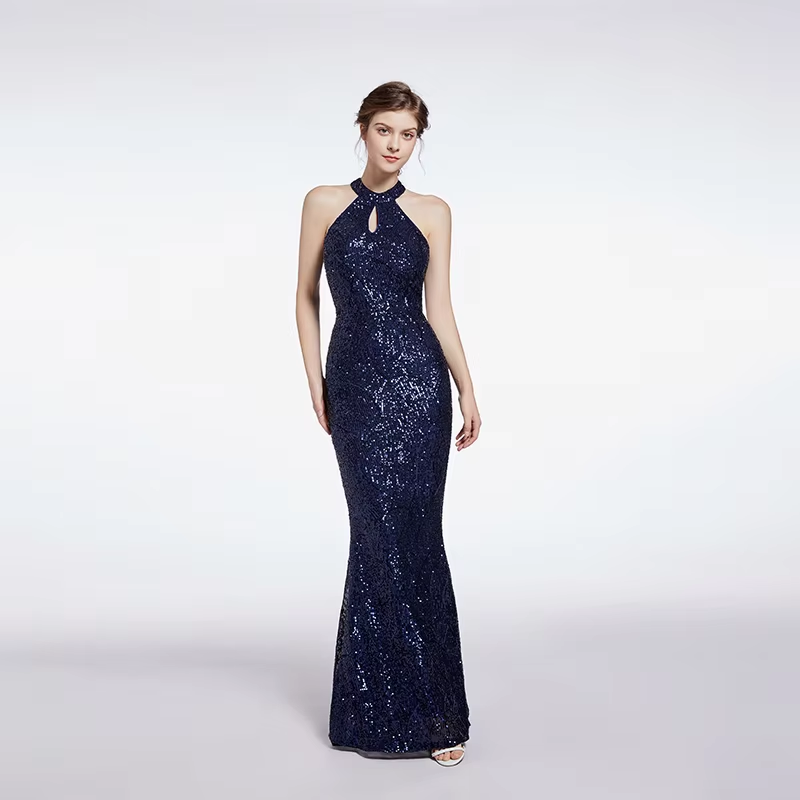 Jimena French Navy Halter Neck Sequined Evening Maxi Dress