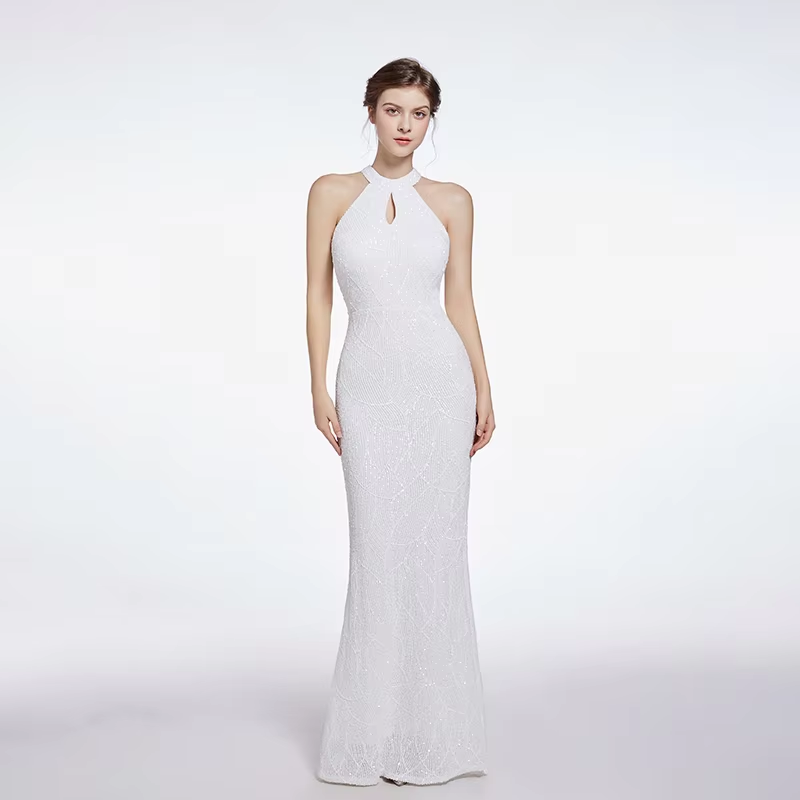 Jimena White Halter Neck Sequined Evening Maxi Dress