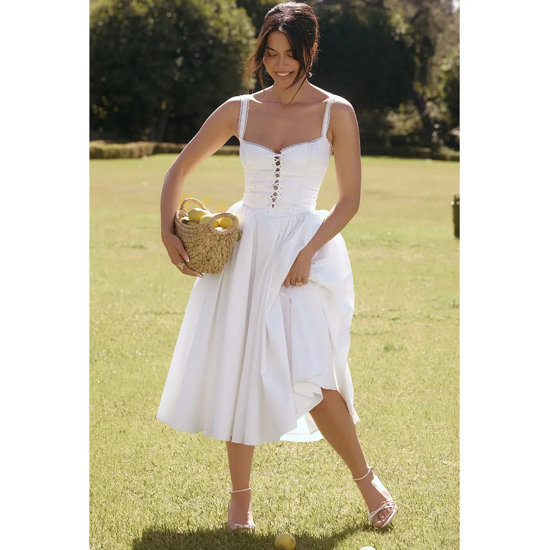 Kora White Spaghetti Strap French Lace Corset Midi Dress