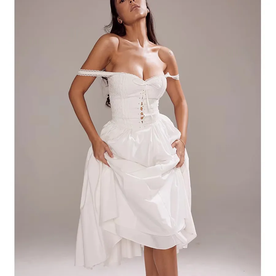 Kora White Spaghetti Strap French Lace Corset Midi Dress