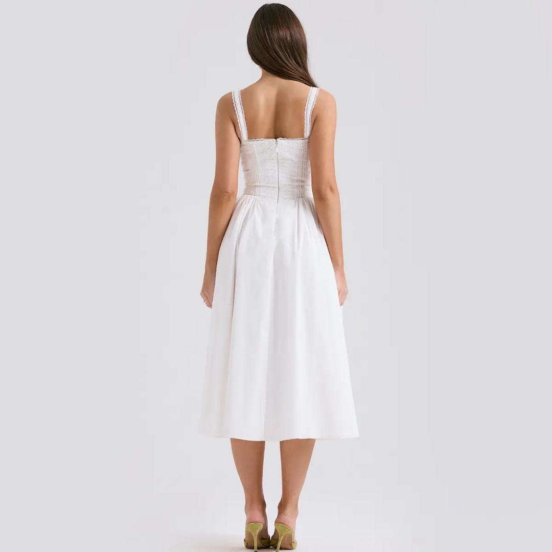 Kora White Spaghetti Strap French Lace Corset Midi Dress
