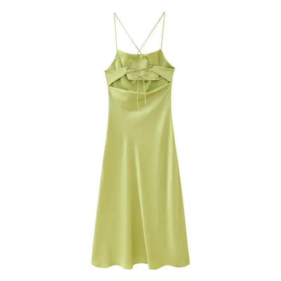 Andra Lime Green Cowl Neck Sleeveless Sexy Crisscross Back Midi Dress
