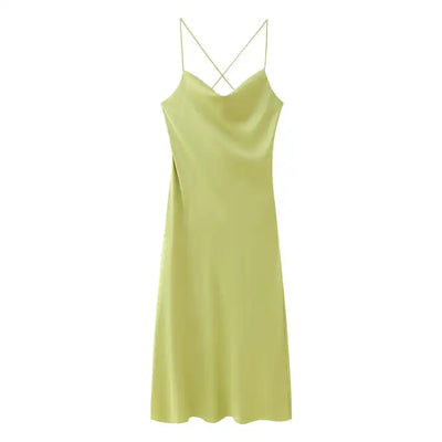 Andra Lime Green Cowl Neck Sleeveless Sexy Crisscross Back Midi Dress