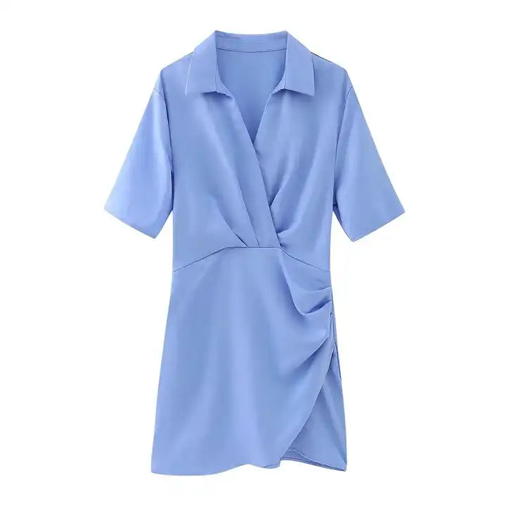 Krizle Blue Turn Down Collar V Neck Overlap Short Sleeves Ruched Side Mini Dress