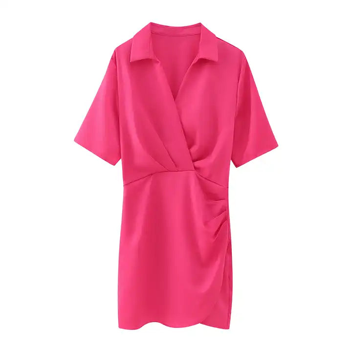 Krizle Pink Turn Down Collar V Neck Overlap Short Sleeves Ruched Side Mini Dress