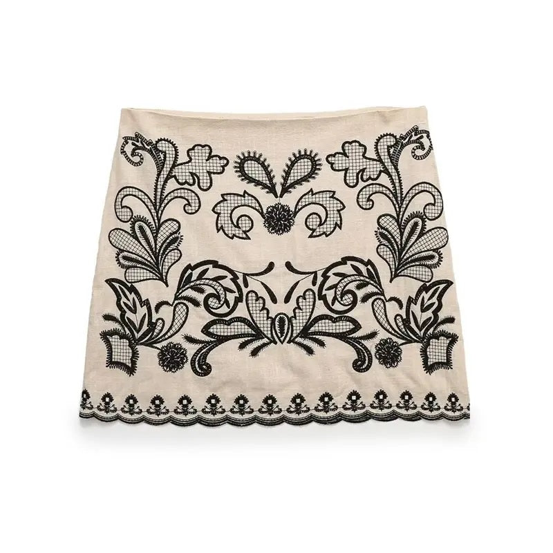 Quimpy Khaki Floral Embroidery Mini Skirt