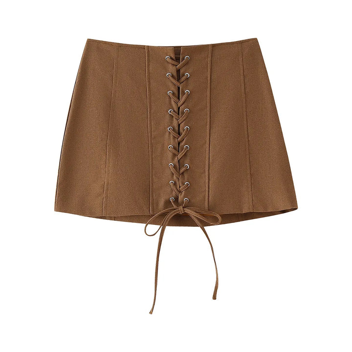 Nattie Wood Brown  Front Lace Up Mini Skirt